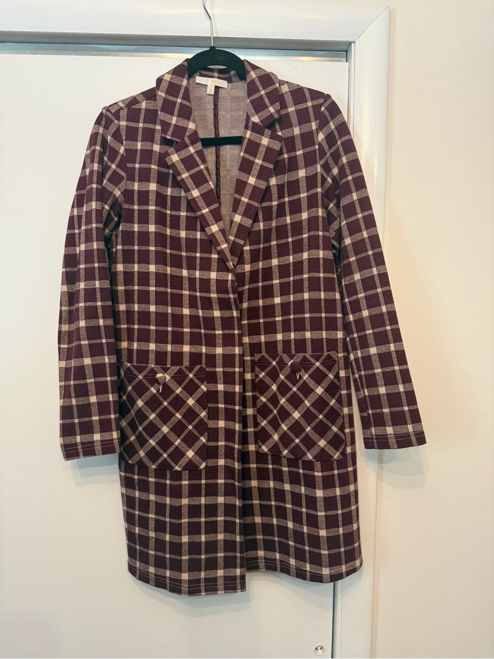 Anthropologie Burgundy and Beige Plaid Blazer Coat